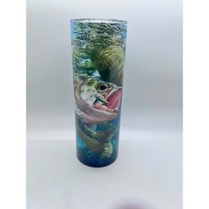Fisherman's Dream Bass 20 oz Skinny Tumbler Custom Made, New with Straw and Lid
